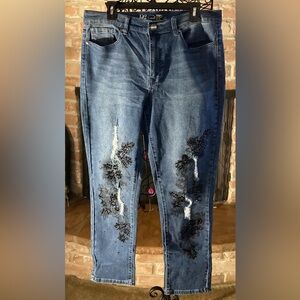 DG2 by Diane Gilman With Black Embellishments On Distressed Straight Leg Jeans